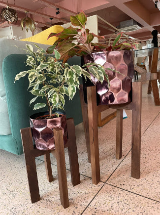 Decorative indoor planters with copper finish elevated wood stands ideal for modern green spaces.