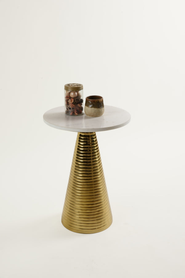 Contemporary Yves side table with marble top and gold conical base, styled with ceramic cup and potpourri jar.