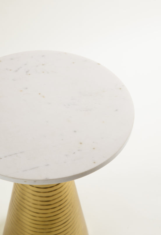 Close-up of Yves side table showing smooth white marble tabletop with light natural veining.