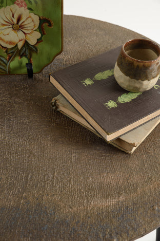 Rustic metal coffee table top with textured finish and books placed.