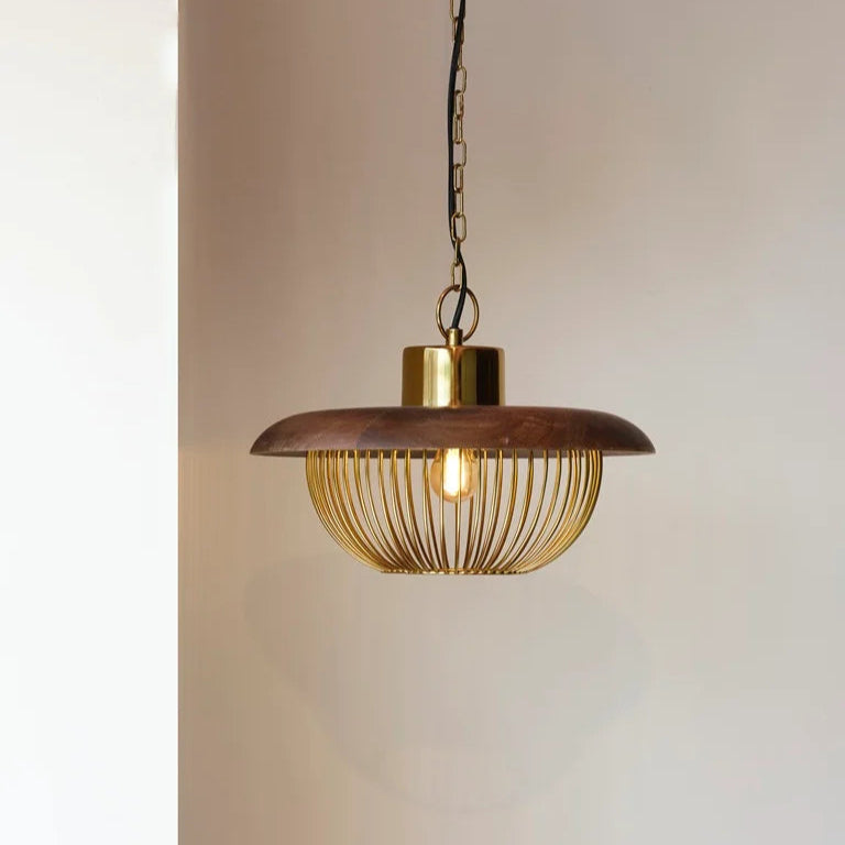 Modern hanging pendant light featuring a brass dome and wireframe shade, perfect for minimalist and industrial home decor – by Troika.
