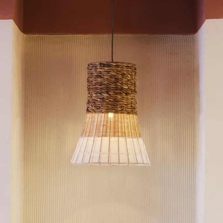 Handwoven Jaipur cane pendant light with natural wicker and fabric textures – boho ceiling lighting for modern interiors.