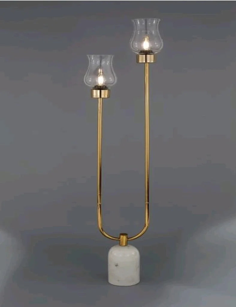 Mayfair floor lamp with dual glass lamps on brass rods modern design and marble base.