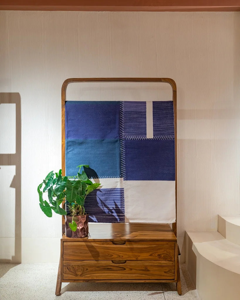 Handwoven Neel durrie in patchwork blue and white design soft cotton textile for modern home decor.