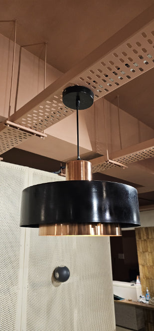 Chic black and rose gold layered pendant light – Scandinavian-inspired ceiling lighting for modern homes.