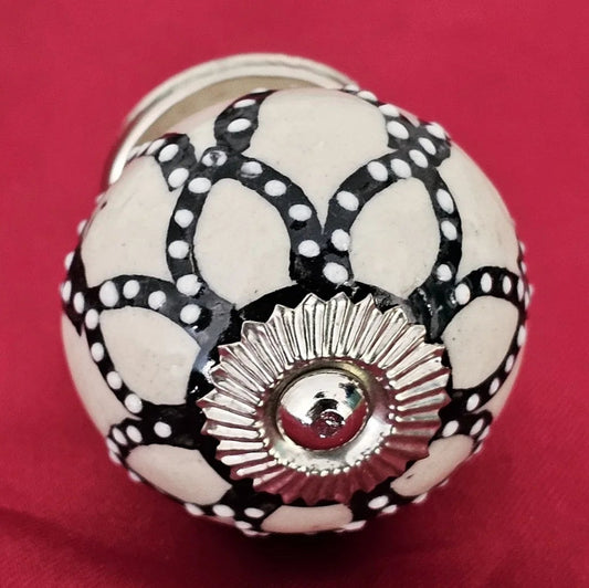 Primrose ceramic knob in black and white pattern vintage floral drawer pull with intricate metal detail.