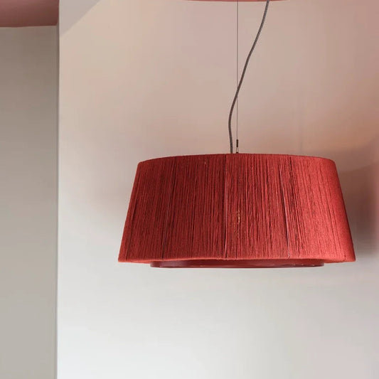 Roshni pendant light with red jute thread shade handcrafted ceiling lighting with warm ambiance.
