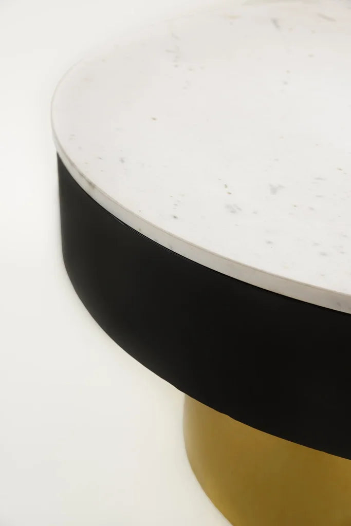 Elegant round coffee table with gold base and black rim featuring a marble top.