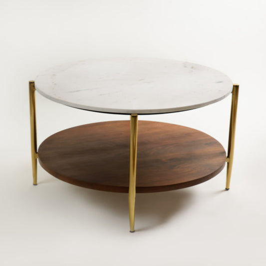 Elegant coffee table with dual levels - white marble top and wooden shelf.