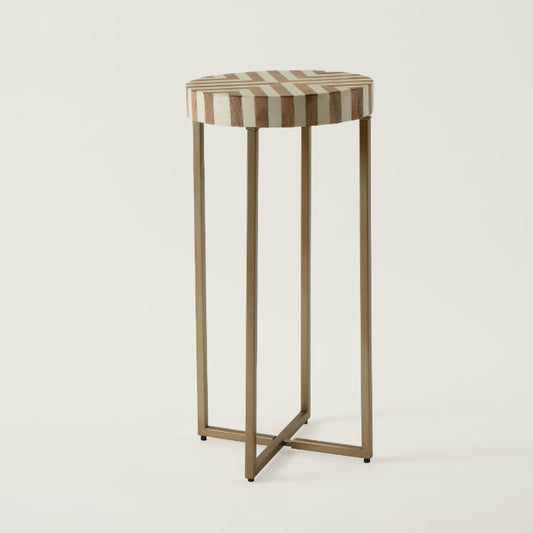Modern radius side table with striped wooden top and slender brass legs – minimalist accent furniture from Troika Life.