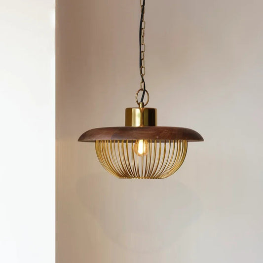 Modern hanging pendant light featuring a brass dome and wireframe shade, perfect for minimalist and industrial home decor – by Troika.