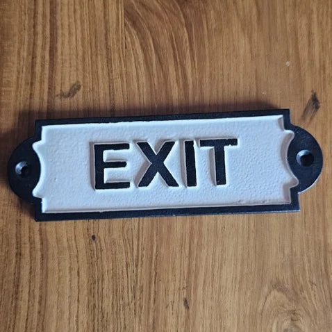 Classic rectangular cast iron sign labeled “EXIT” in bold black letters on white enamel – vintage-inspired wall sign by Troika.