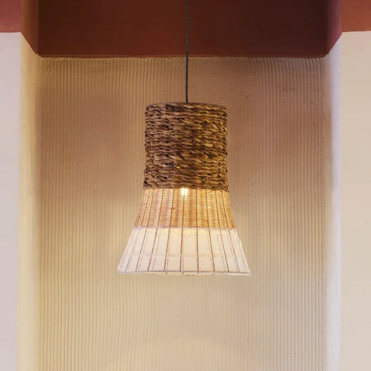 Handwoven Jaipur cane pendant light with natural wicker and fabric textures – boho ceiling lighting for modern interiors.
