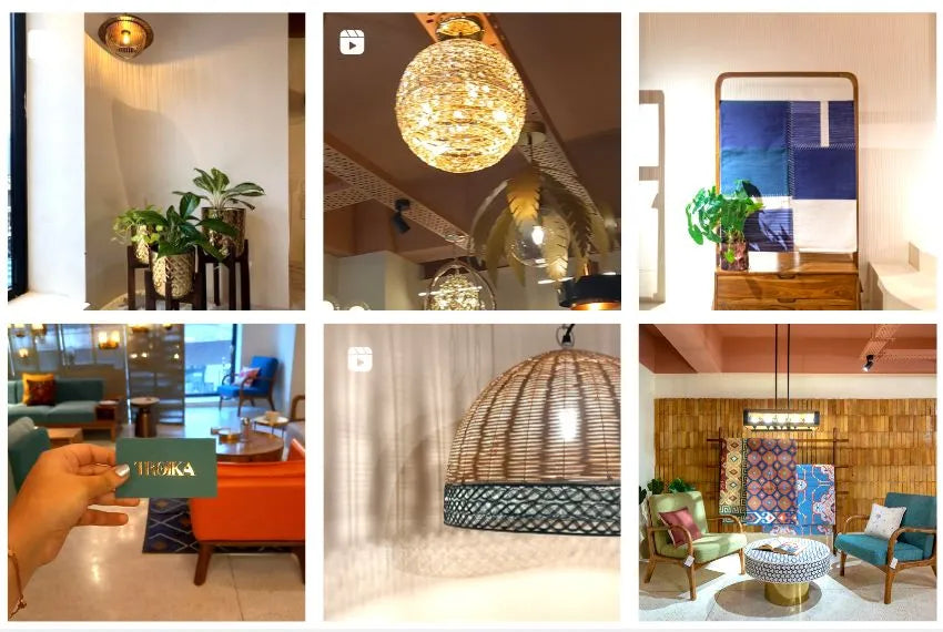 Troika store collage featuring cane lighting, planters, and handmade textile decor modern Indian interior products.