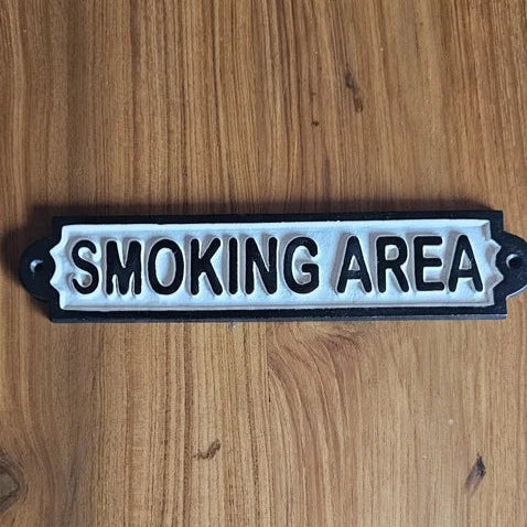 Cast iron wall-mounted smoking area sign vintage-style black and white signboard for outdoor or cafe© use.